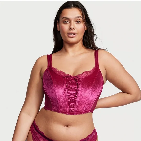 VICTORIA’S SECRET CLARET RED UNLINED LACE UP VELVET CORSET TOP - Picture 2 of 7